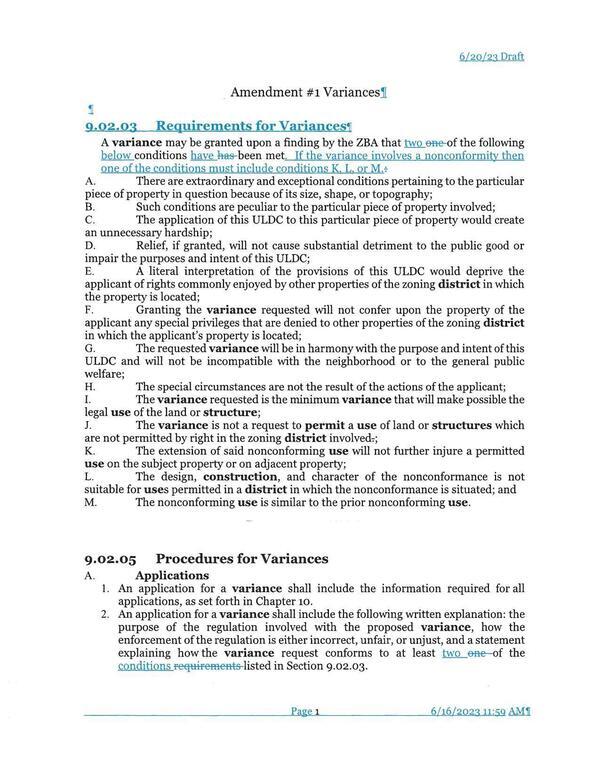 Amendment #1 Variances (changes)