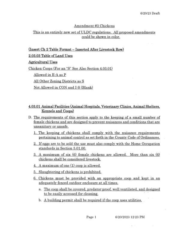 Amendment #3 Chickens This is an entirely new set of ULDC regulations. All proposed amendments could be shown in color.