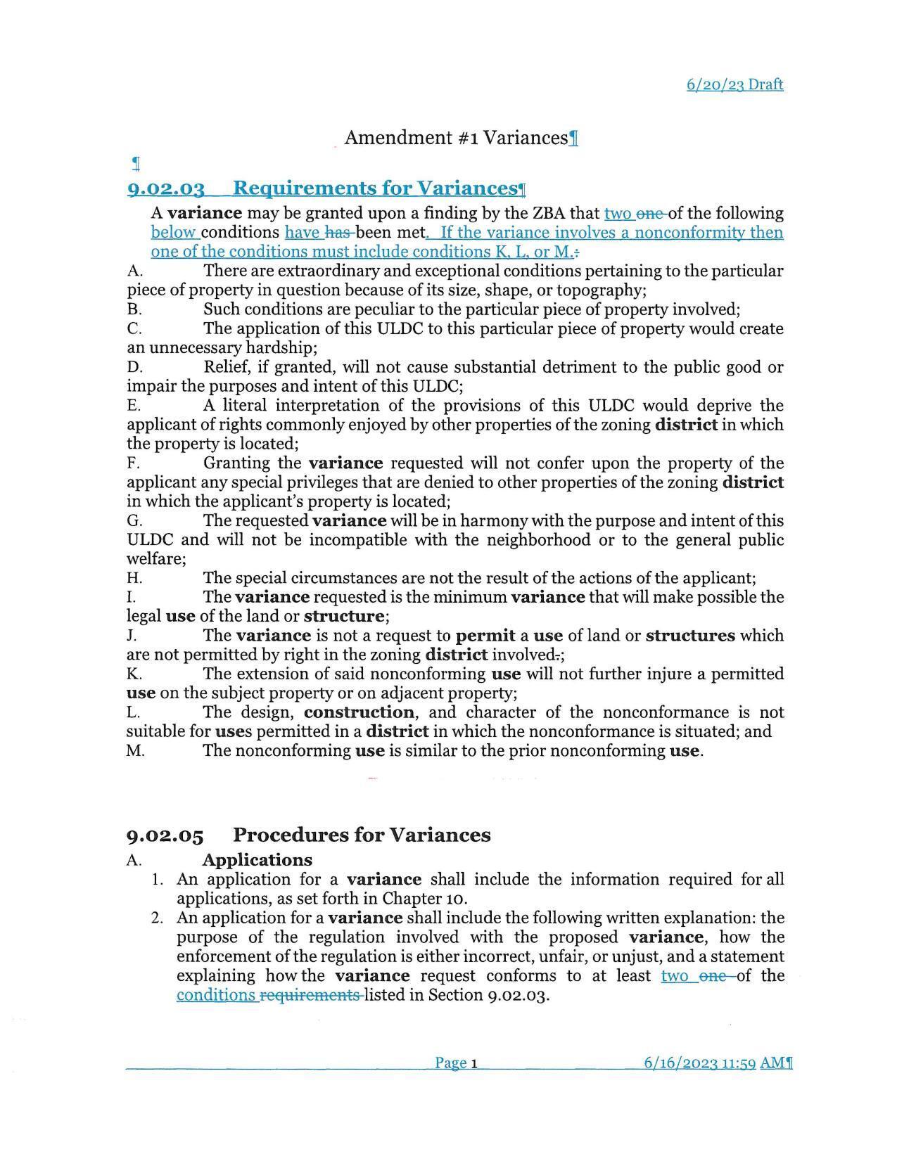 Amendment #1 Variances (changes)