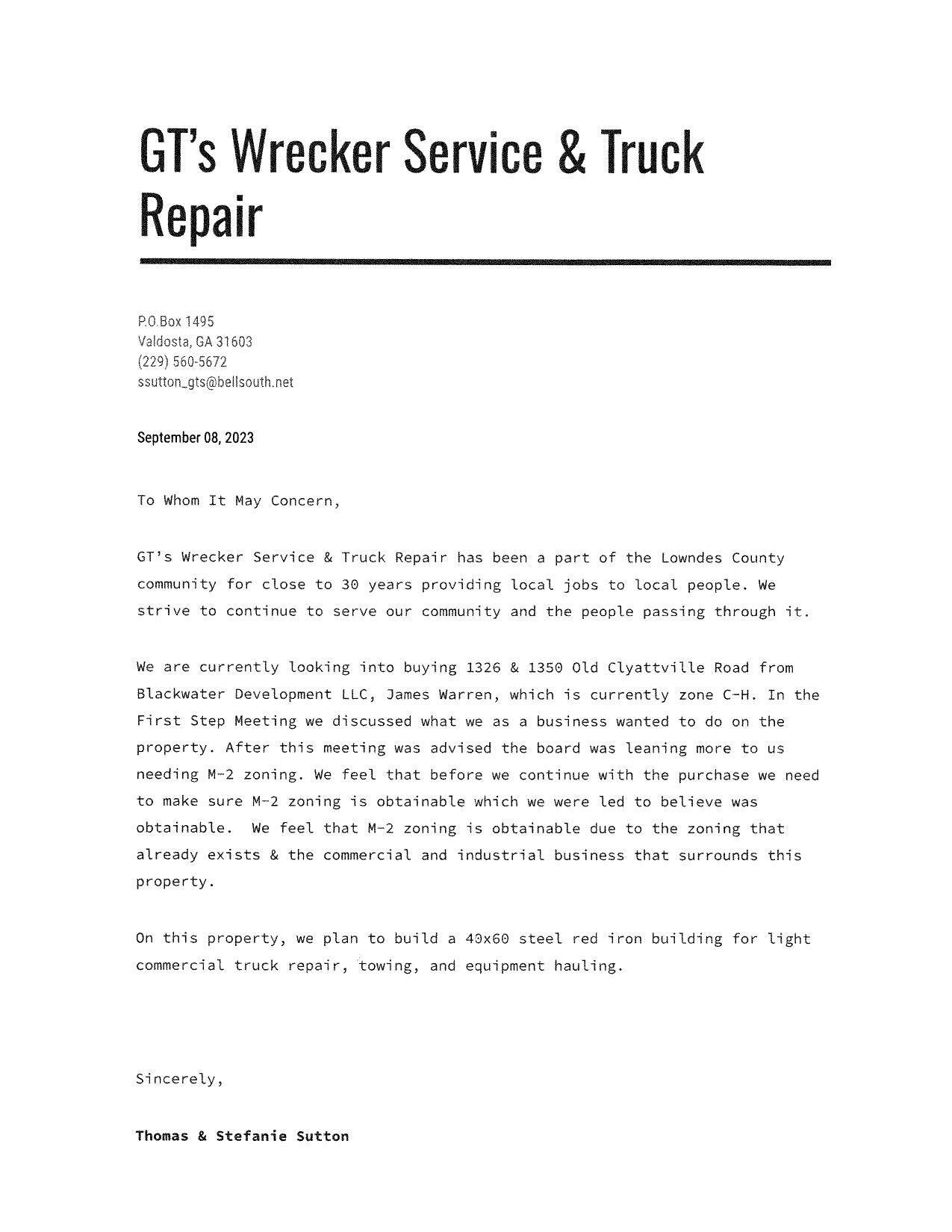 Letter from GT's Wrecker Service & Truck Repair