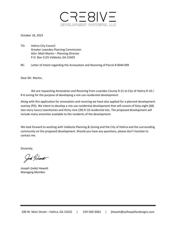 RE: Letter of Intent regarding the Annexation and Rezoning of Parcel # 0044 009