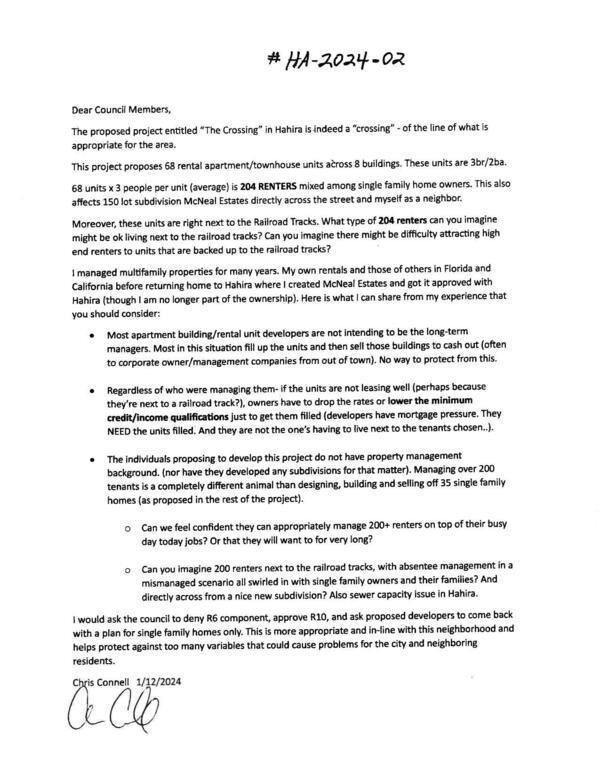 Objection letter from Chris Connell