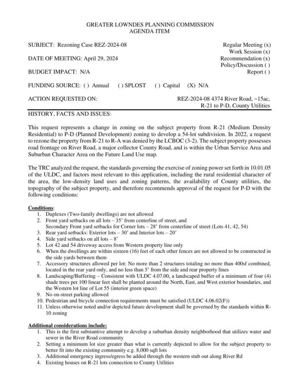 to develop a 54-lot subdivision. In 2022, a request to rezone the property from R-21 to R-A was denied by the LCBOC (3-2).