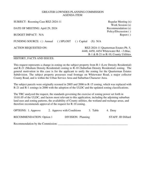 to unify the zoning for the Quarterman Estates Subdivision. road frontage on Whitewater Road