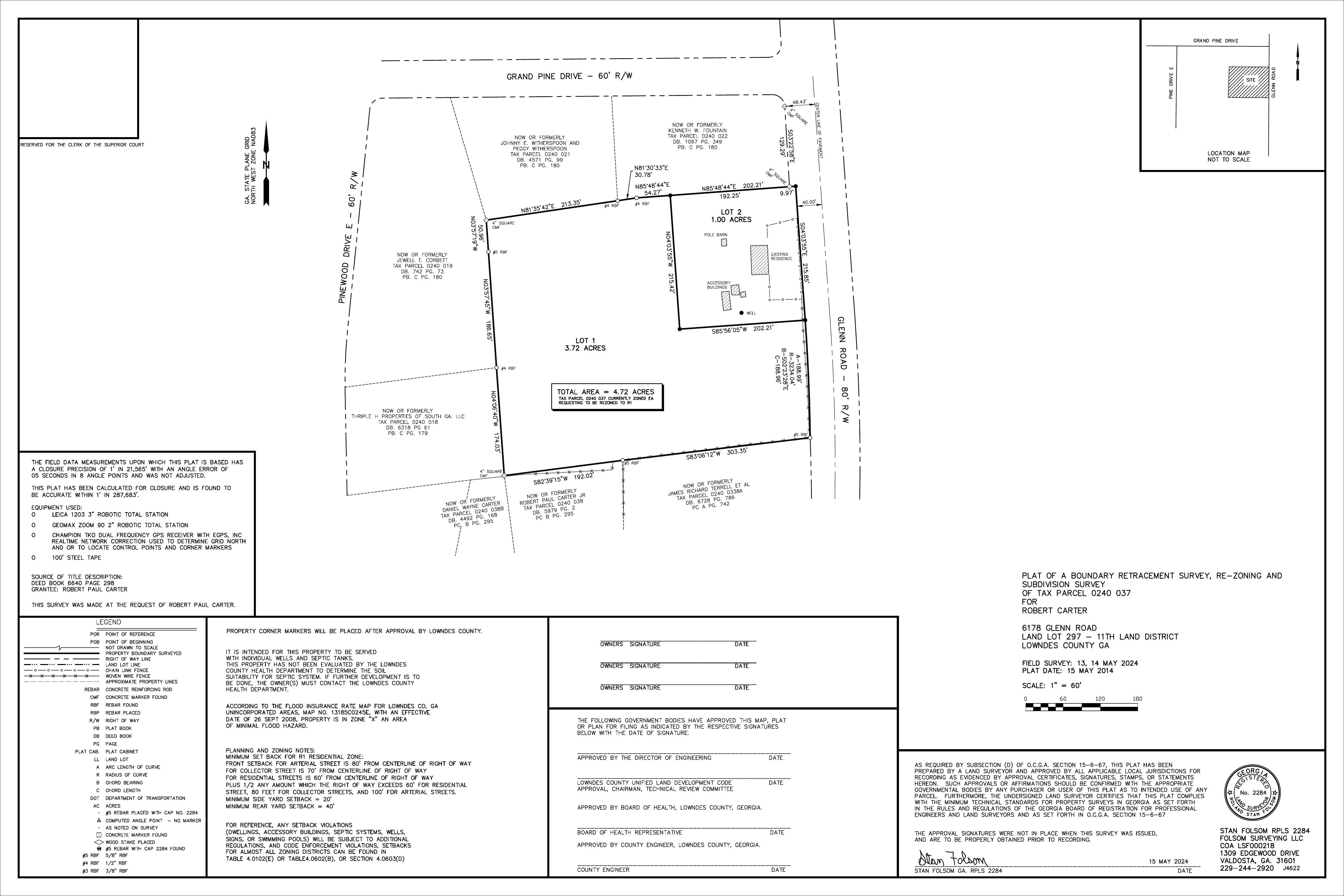 PLAT OF A BOUNDARY RETRACEMENT SURVEY, RE—ZONING AND SUBDIVISION SURVEY... FOR ROBERT CARTER