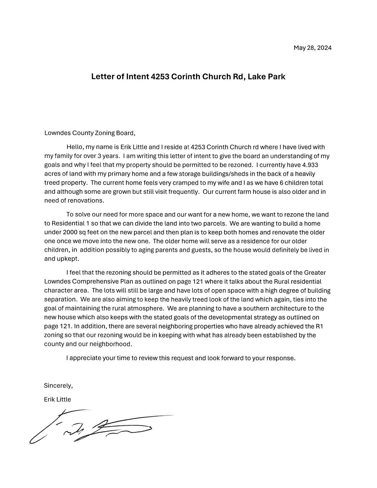 Letter of Intent 4253 Corinth Church Rd, Lake Park