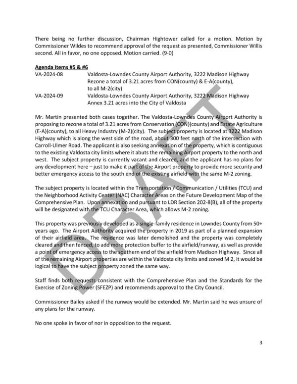 5. VA-2024-08 Rezone 3.21 acres CON & E-A to all M-2 (city) 6. VA-2024-09 Valdosta-Lowndes County Airport Authority, 3222 Madison Highway Annex 3.21 acres into the City of Valdosta