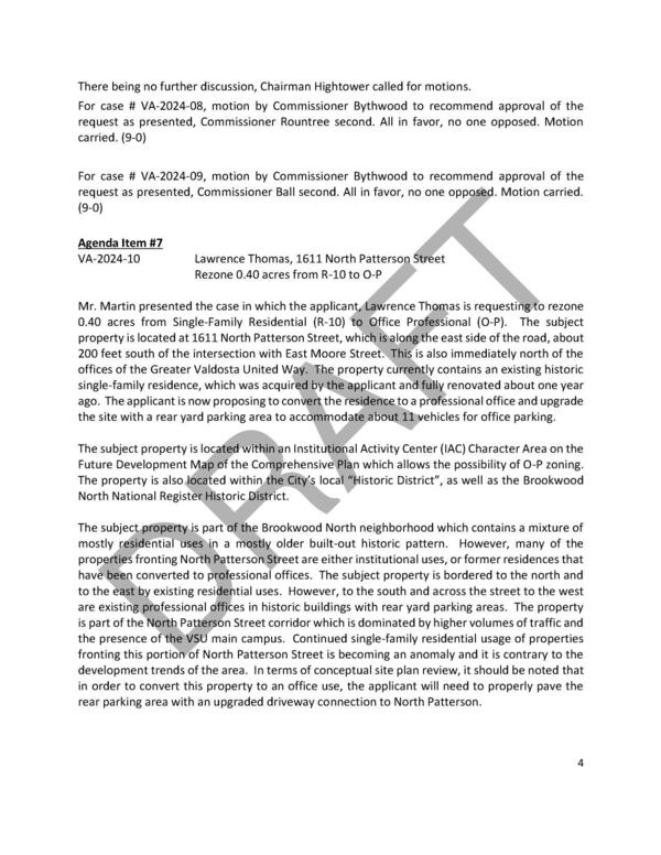 7. VA-2024-10 Lawrence Thomas, 1611 North Patterson Street Rezone 0.40 acres from R-10 to O-P
