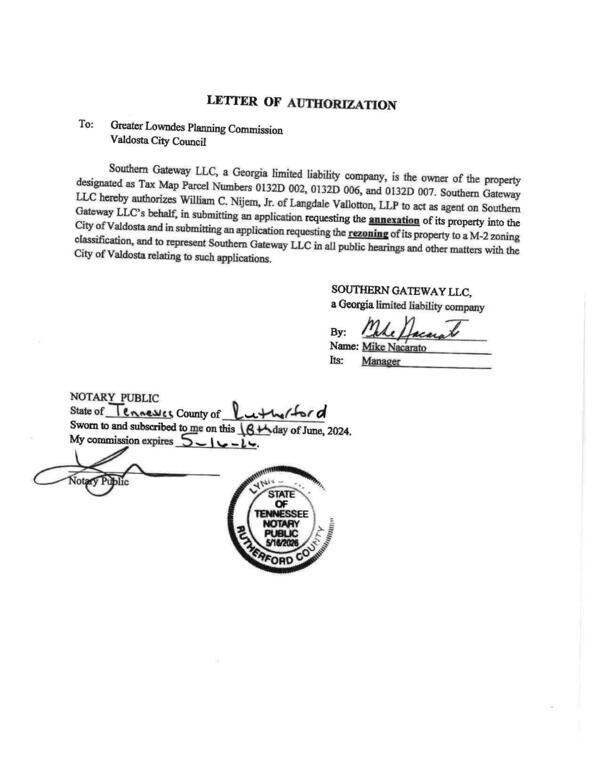 Letter of Authorization by Mike Nacarato, Manager, Southern Gateway LLC