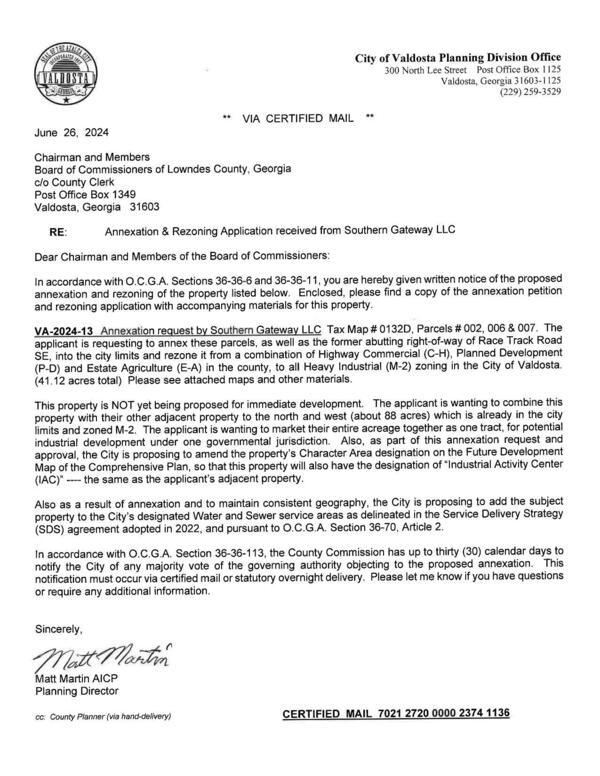 Annexation & Rezoning Application received from Southern Gateway LLC --Matt Martin, Valdosta Planning Director, to Lowndes County Commissioners