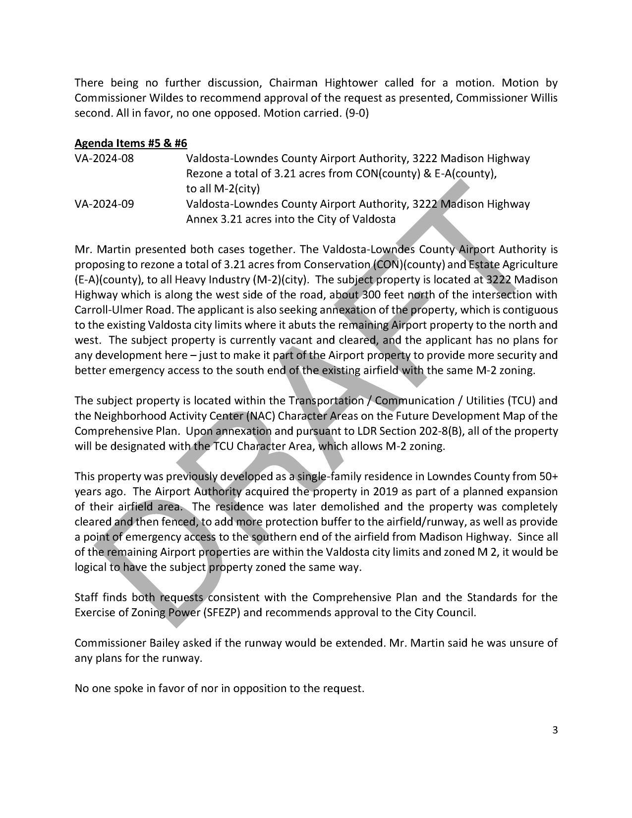 5. VA-2024-08 Rezone 3.21 acres CON & E-A to all M-2 (city) 6. VA-2024-09 Valdosta-Lowndes County Airport Authority, 3222 Madison Highway Annex 3.21 acres into the City of Valdosta