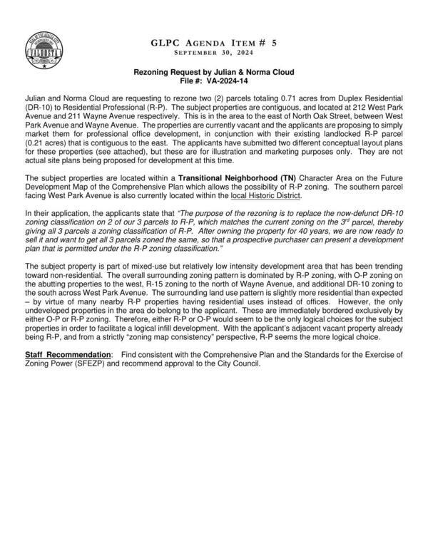 [to market them for professional office development, in conjunction with their existing landlocked R-P parcel (0.21 acres) that is contiguous to the east.]