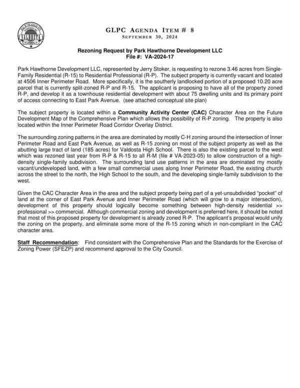 [to develop it as a townhouse residential development with about 75 dwelling units and its primary point of access connecting to East Park Avenue.]