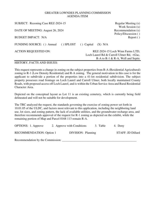 [to subdivide a portion of the properties into a 41-lot residential subdivision. road frontage on Loch Laurel and Carroll Ulmer]