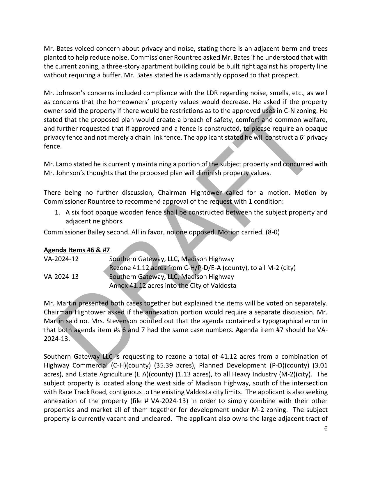 Motion to recommend approval with a 6-foot opaque wooden fence passed 8-0; VA-2024-12 & VA-2024-13 Southern Gateway