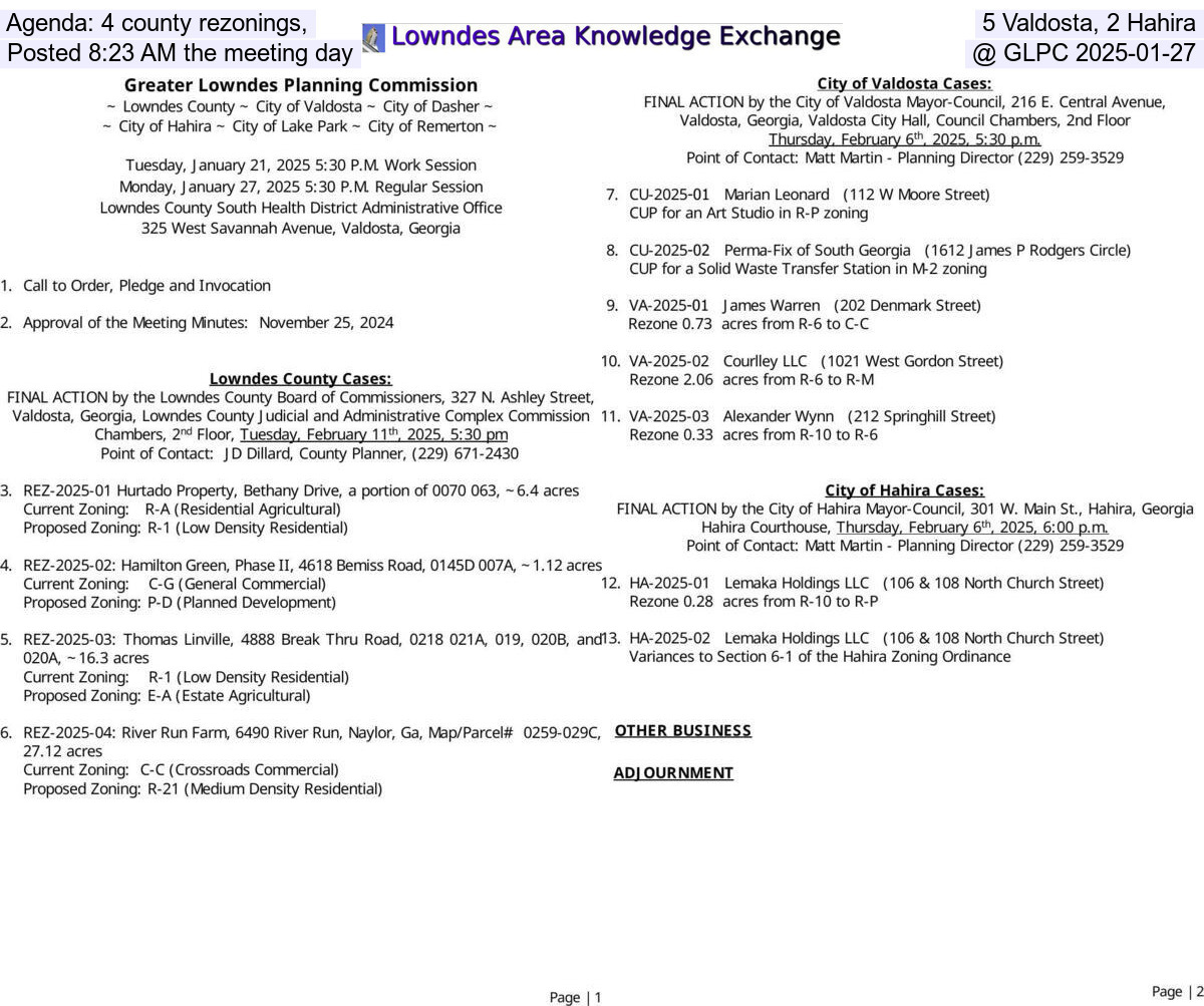 Agenda: 4 county rezonings, 5 Valdosta, 2 Hahira, Posted 8:23 AM the meeting day @ GLPC 2025-01-27