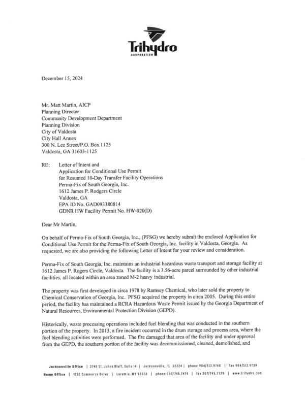 [Letter of Intent from TriHydro Corp. and Application for Conditional Use Permit]