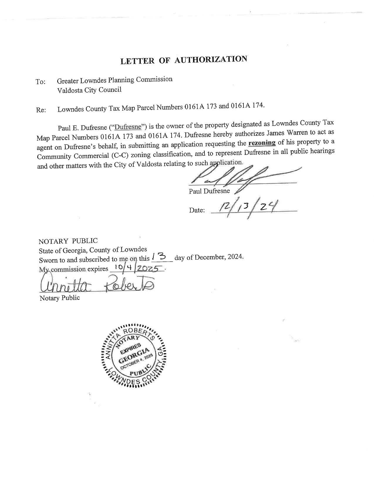 Letter of Authorization from owner Paul E. Dufresne to James Warren