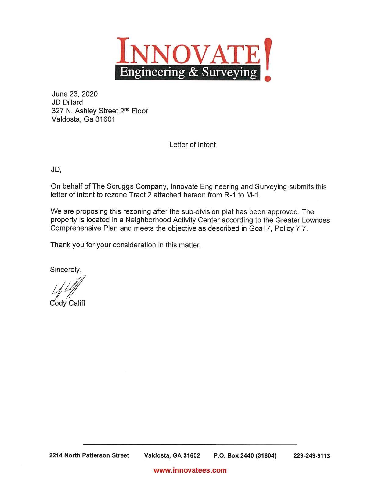Letter of Intent, Cody Califf, Innovate! E&S on behalf The Scruggs Company