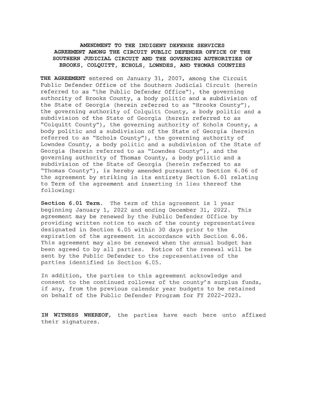 AMENDMENT TO THE INDIGENT DEFENSE SERVICES AGREEMENT AMONG ...