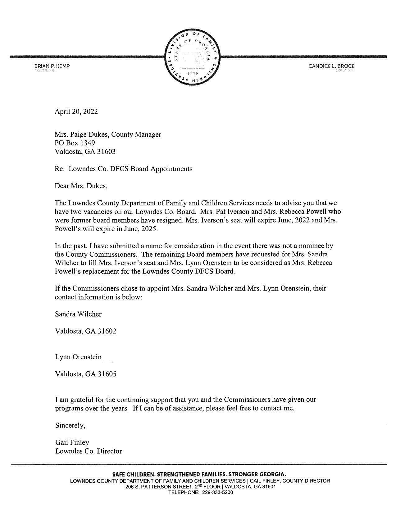 Request letter from DFCS