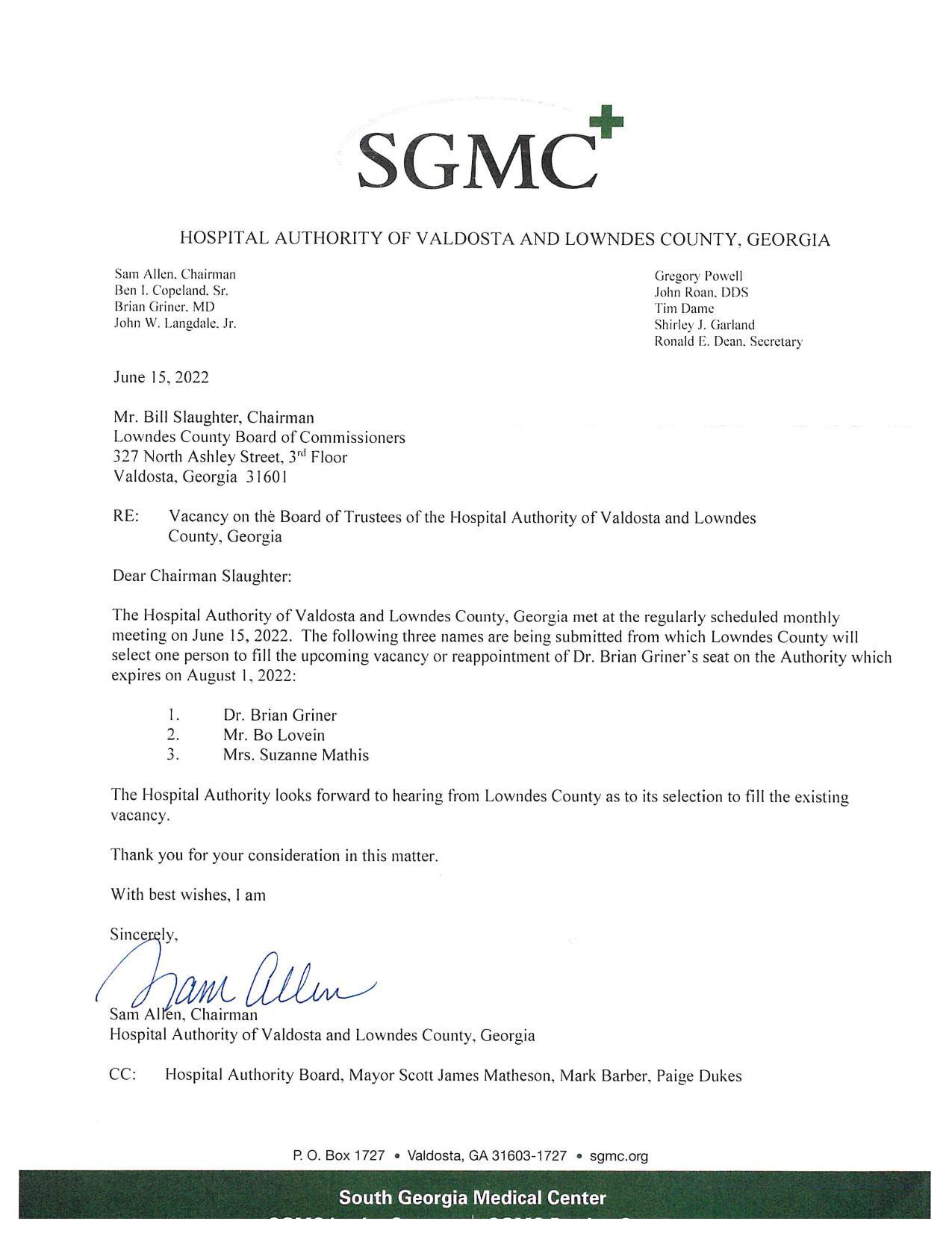 Brian Griner post request letter from Hospital Authority