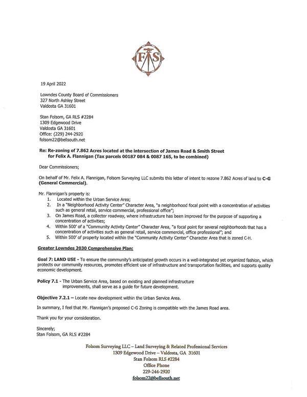 On behalf of Mr. Felix A. Flannigan, Folsom Surveying LLC submits this letter of intent 2022-04-19