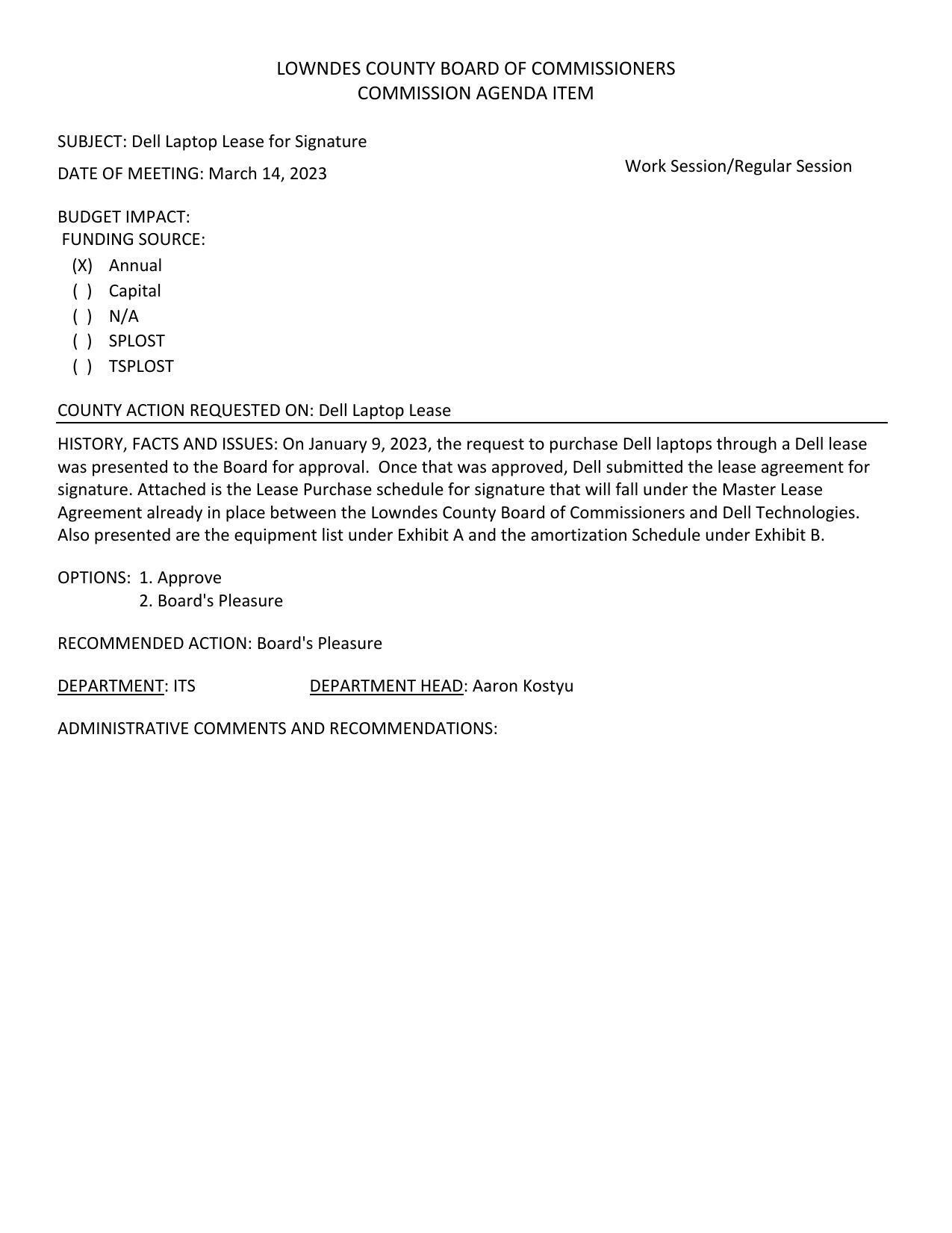 Attached is the Lease Purchase schedule for signature that will fall under the Master Lease Agreement already in place between the Lowndes County Board of Commissioners and Dell Technologies.