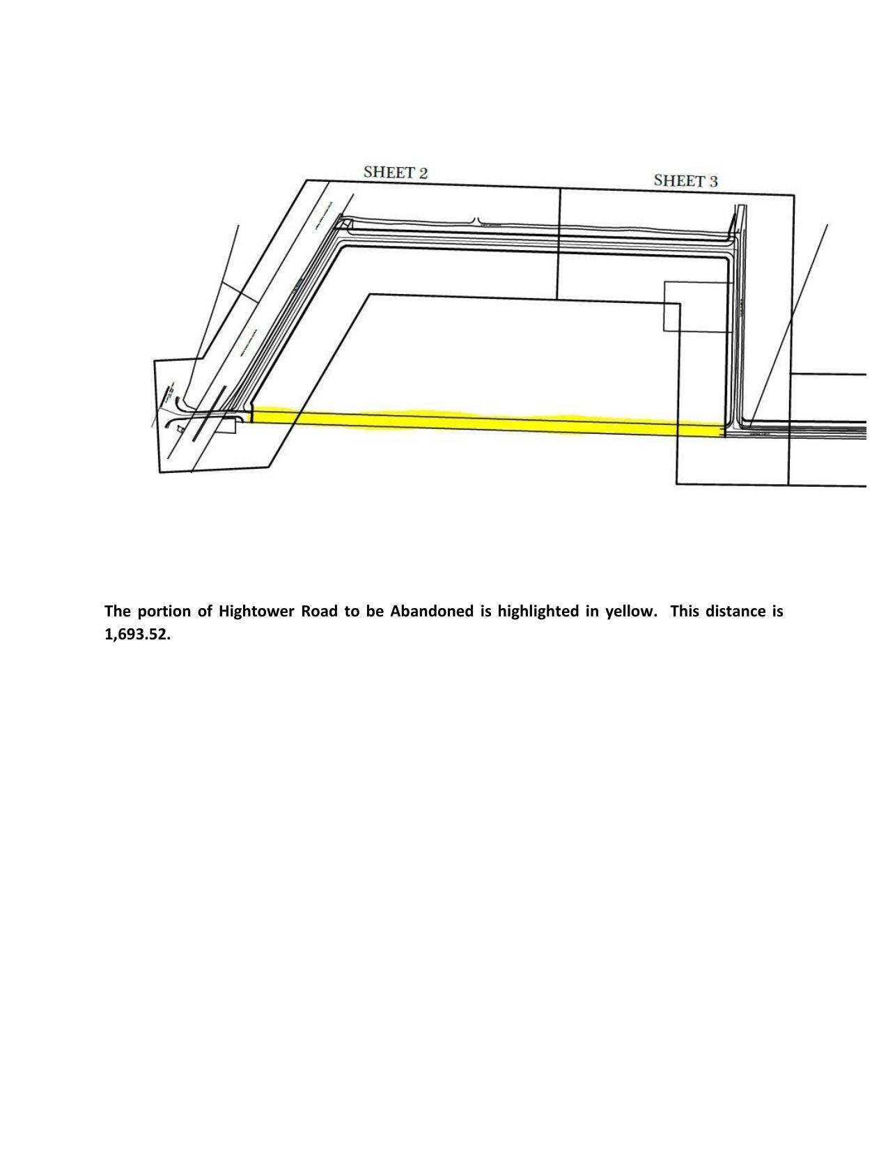 The portion of Hightower Road to be Abandoned is highlighted in yellow. This distance is 1,693.52.