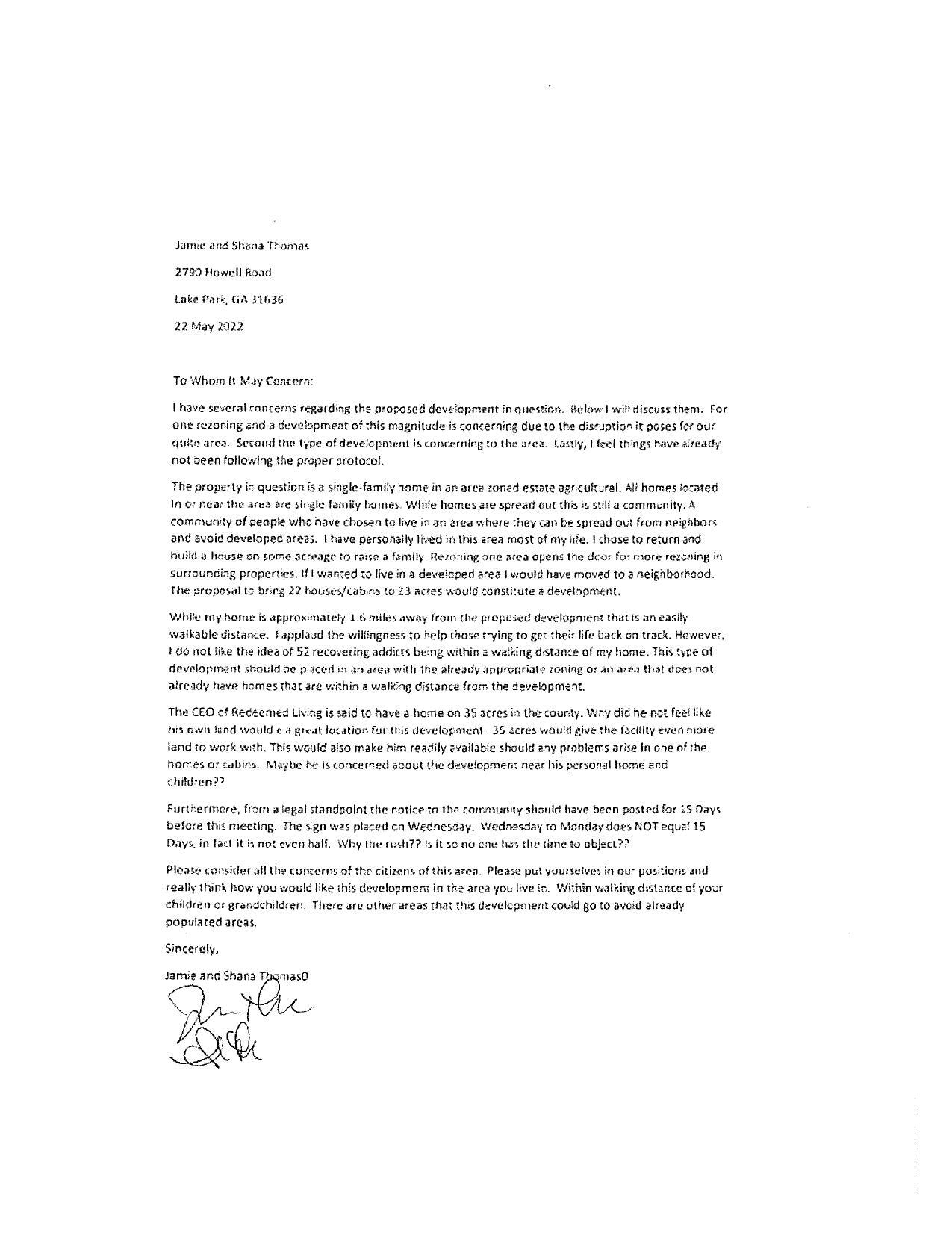 Opposition letter, Jamie and Shana Thomas