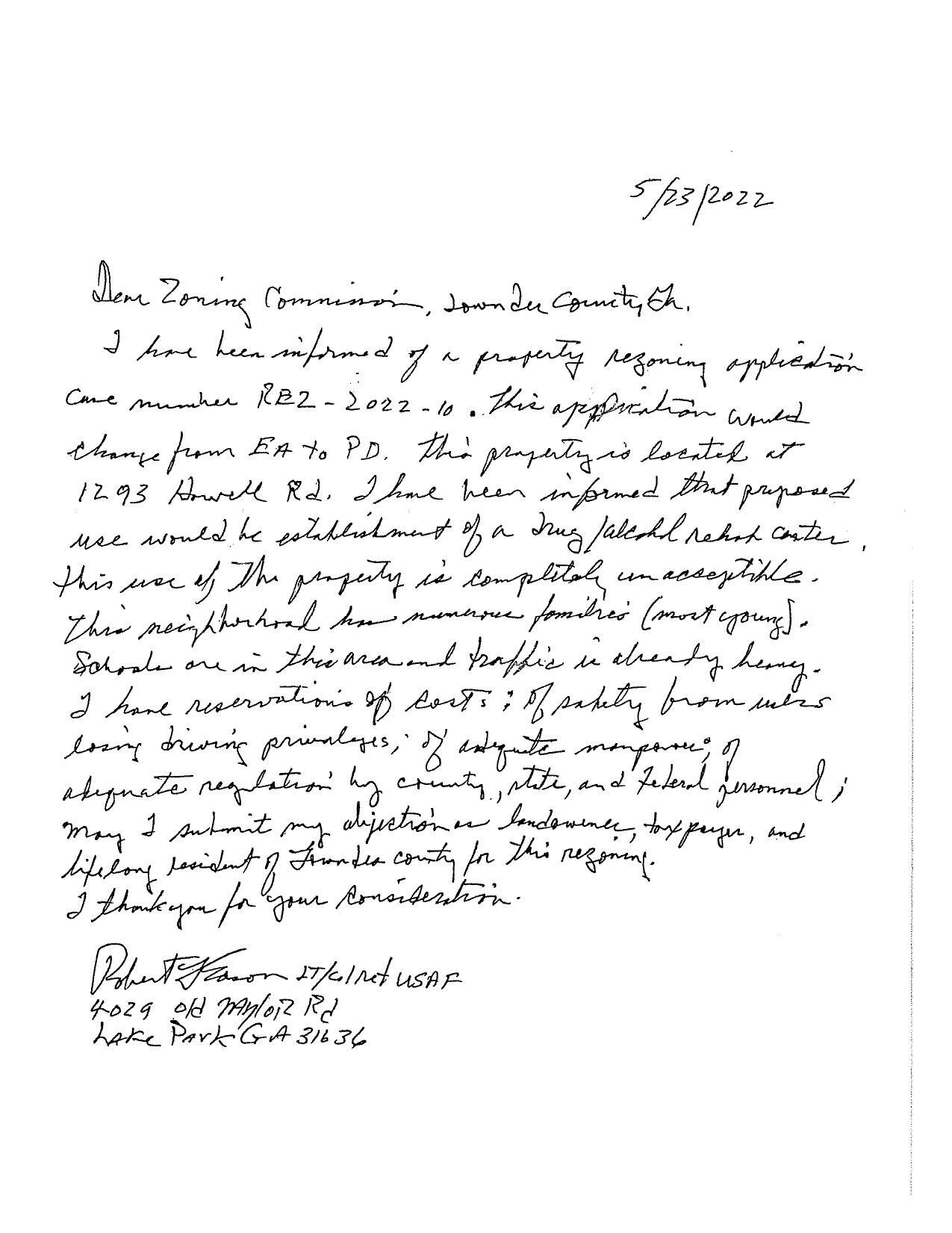 Opposition letter, Robert Eason