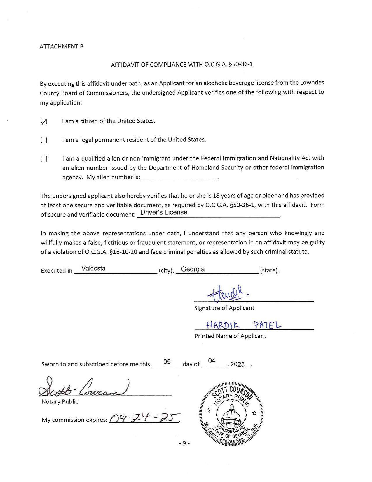AFFIDAVIT OF COMPLIANCE WITH 0.C.G.A. §50-36-1