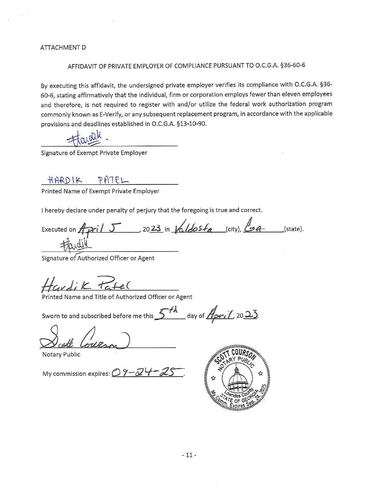 AFFIDAVIT OF PRIVATE EMPLOYER OF COMPLIANCE PURSUANT TO 0.C.G.A. §36-60-6