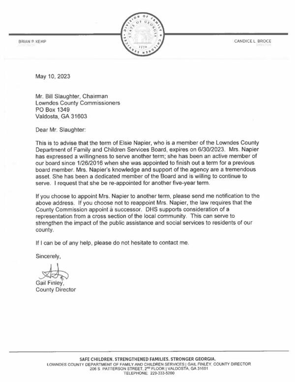 Letter from County Director Gail Finley