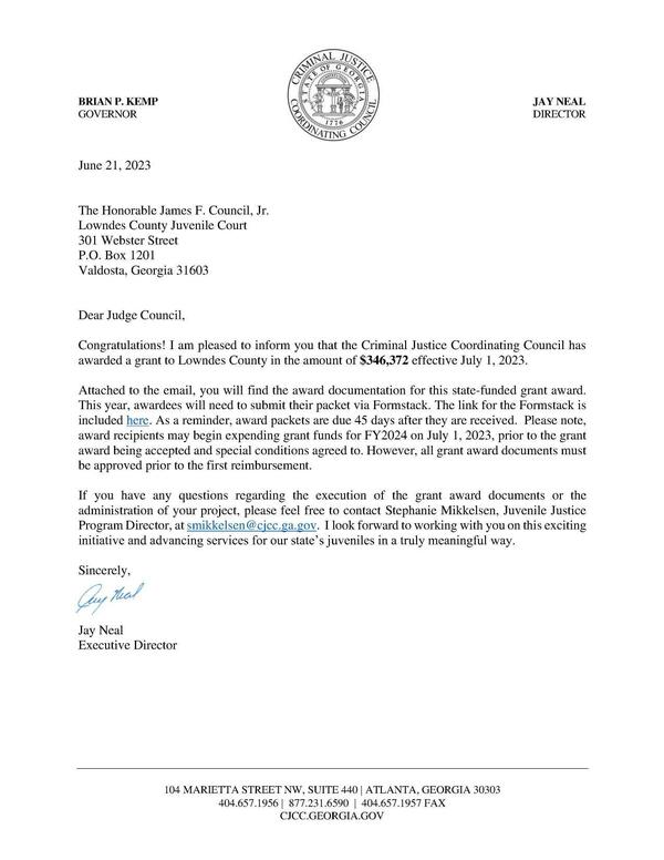 Approval letter from Criminal Justice Coordinating Council