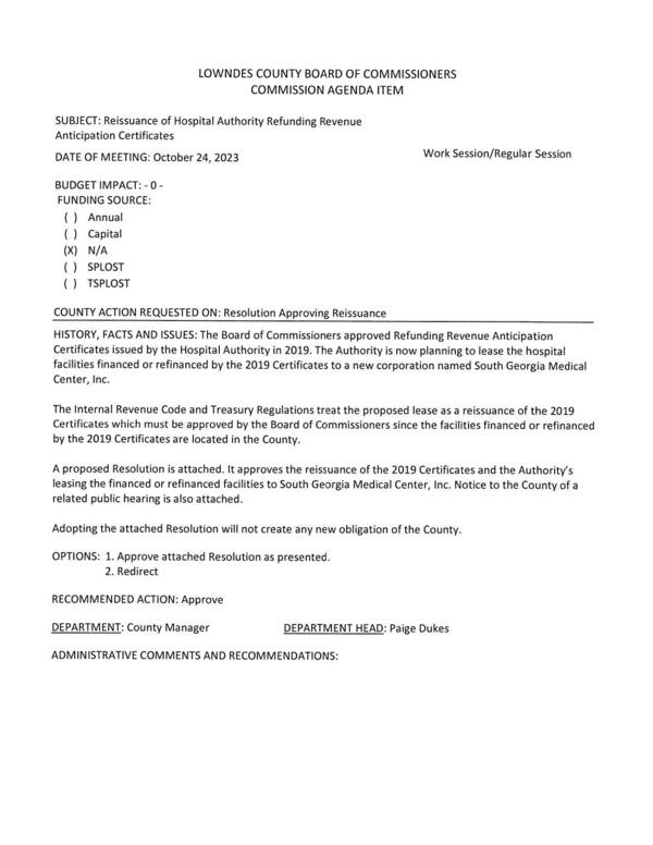 [The Authority is now planning to lease the hospital facilities financed or refinanced by the 2019 Certificates to a new corporation named South Georgia Medical Center, Inc.]