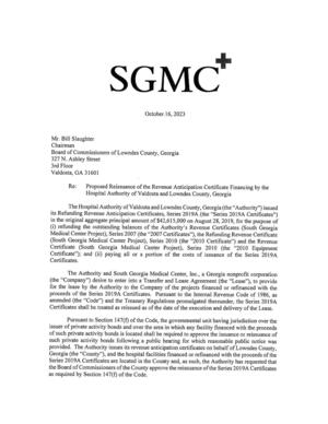 [SGMC Re: Proposed Reissuance of the Revenue Anticipation Certificate Financing by the Hospital Authority of Valdosta and Lowndes County, Georgia]