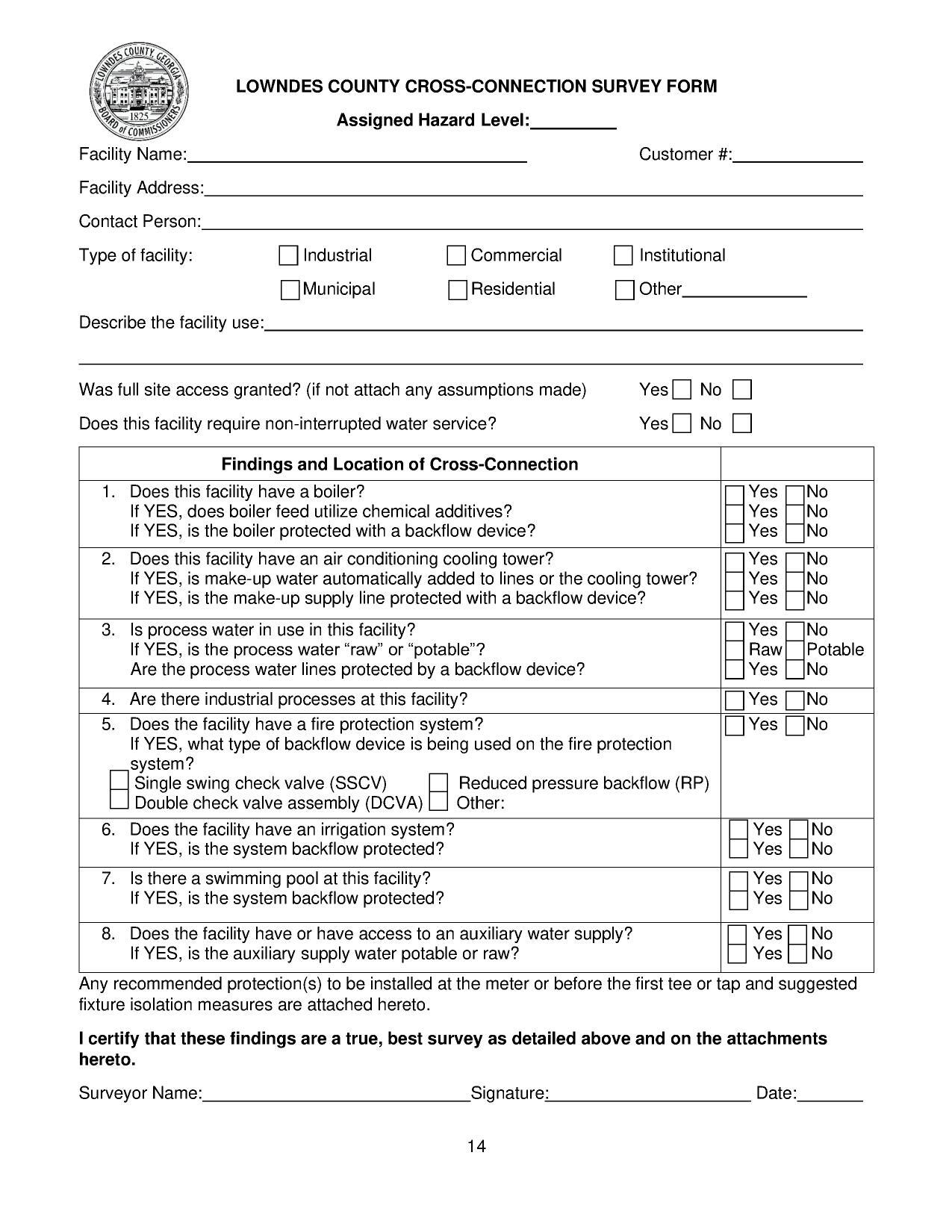 LOWNDES COUNTY CROSS-CONNECTION SURVEY FORM