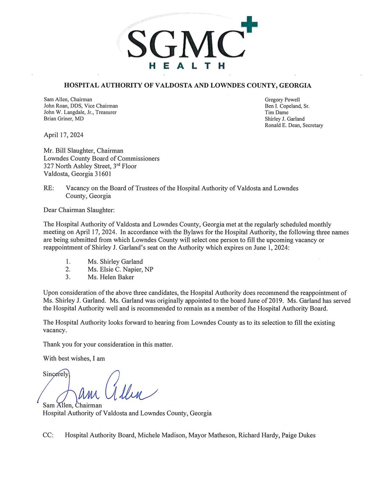 Letter from Hospital Authority Board