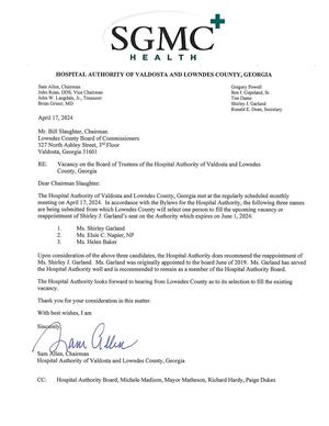 [Letter from Hospital Authority Board]