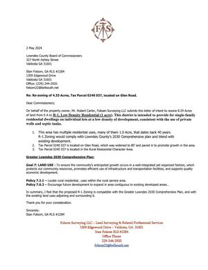 [On behalf of the property owner, Mr. Robert Carter, Folsom Surveying LLC submits this letter of intent to rezone 8.29 Acres]
