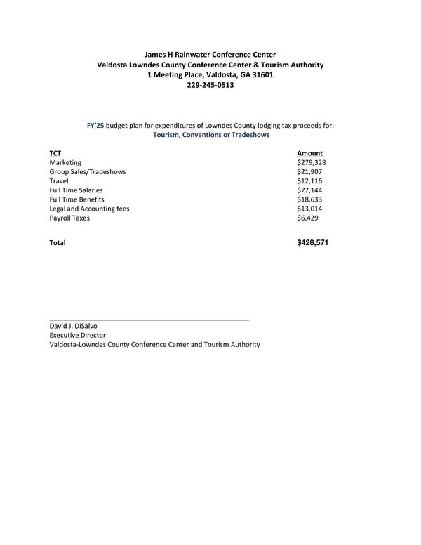 VLCCCTA FY 25 budget plan for expenditures of Lowndes County lodging tax proceeds for: Tourism, Conventions or Tradeshows