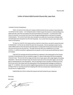 [Letter of Intent 4253 Corinth Church Rd, Lake Park]