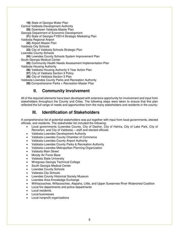 II. Community Involvement, III. Identification of Stakeholders