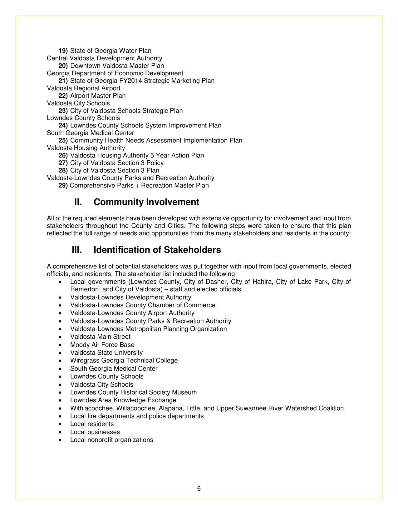 II. Community Involvement, III. Identification of Stakeholders