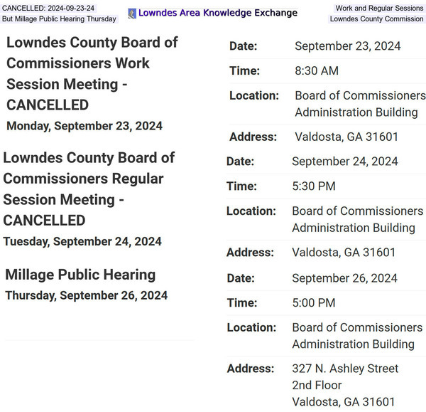 CANCELLED: 2024-09-23-24 Work and Regular Sessions, But Millage Public Hearing Thursday, Lowndes County Commission