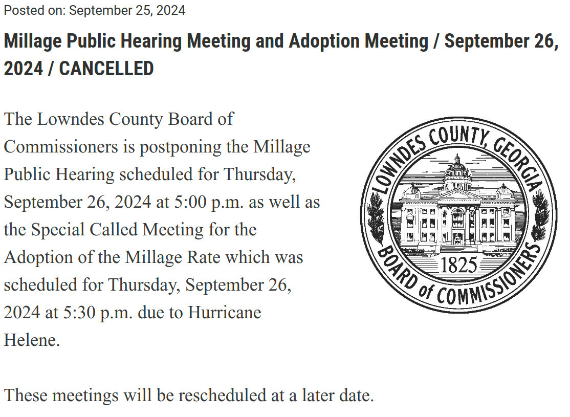 Millage Public Hearing Meeting and Adoption Meeting of 2024-09-26 Cancelled on 2024-09-25