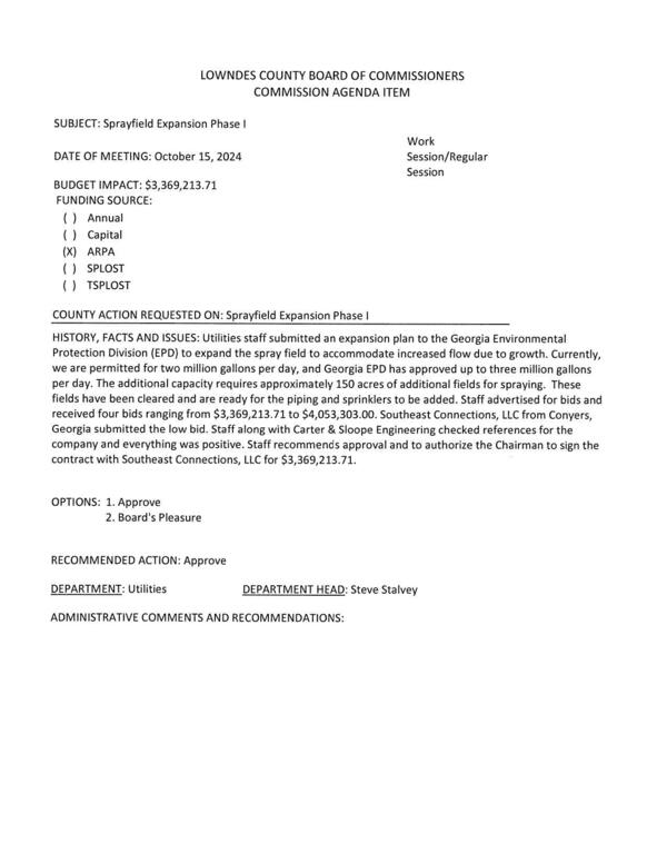 BUDGET IMPACT: $3,369,213.71 GA-EPD has approved up to 3 mgd from 2 mgd. Four bids. Low bid Southeast Connections, LLC, from Conyers, GA.