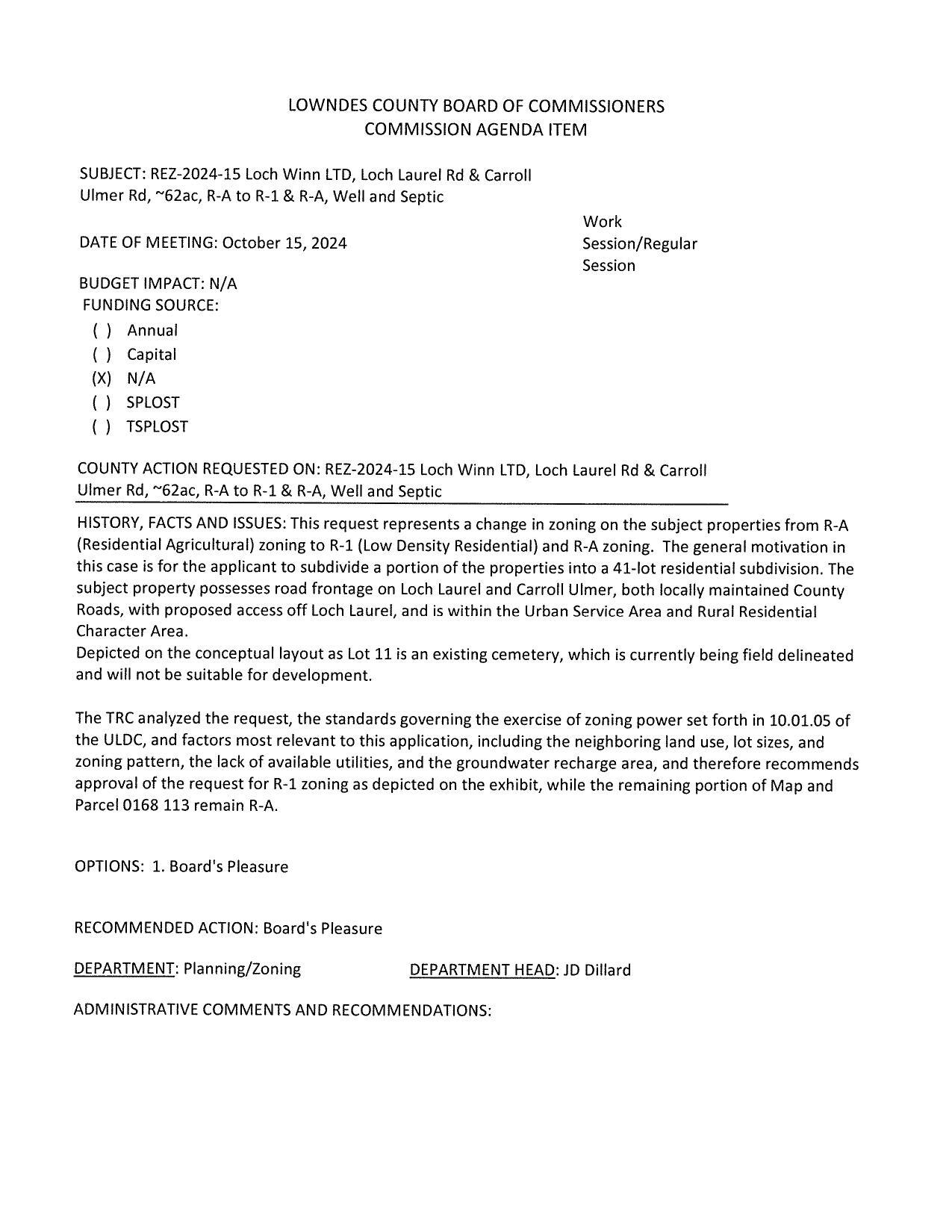 to subdivide a portion of the properties into a 41-lot residential subdivision. The subject property possesses road frontage on Loch Laurel and Carroll Ulmer, both locally maintained County Roads...