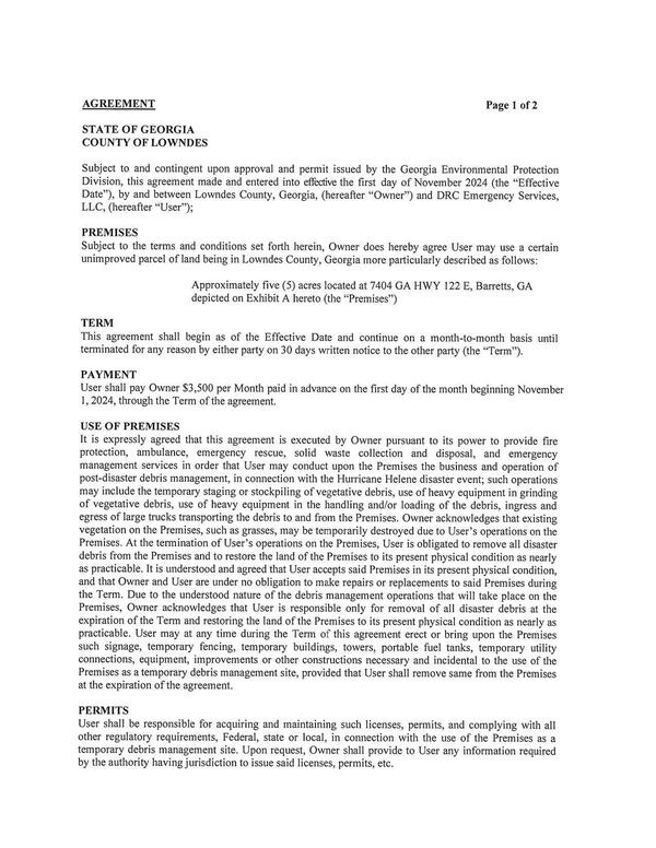 Agreement: User shall pay Owner $3,500 per Month paid in advance on the first day of the month beginning November 1, 2024, through the Term of the agreement.